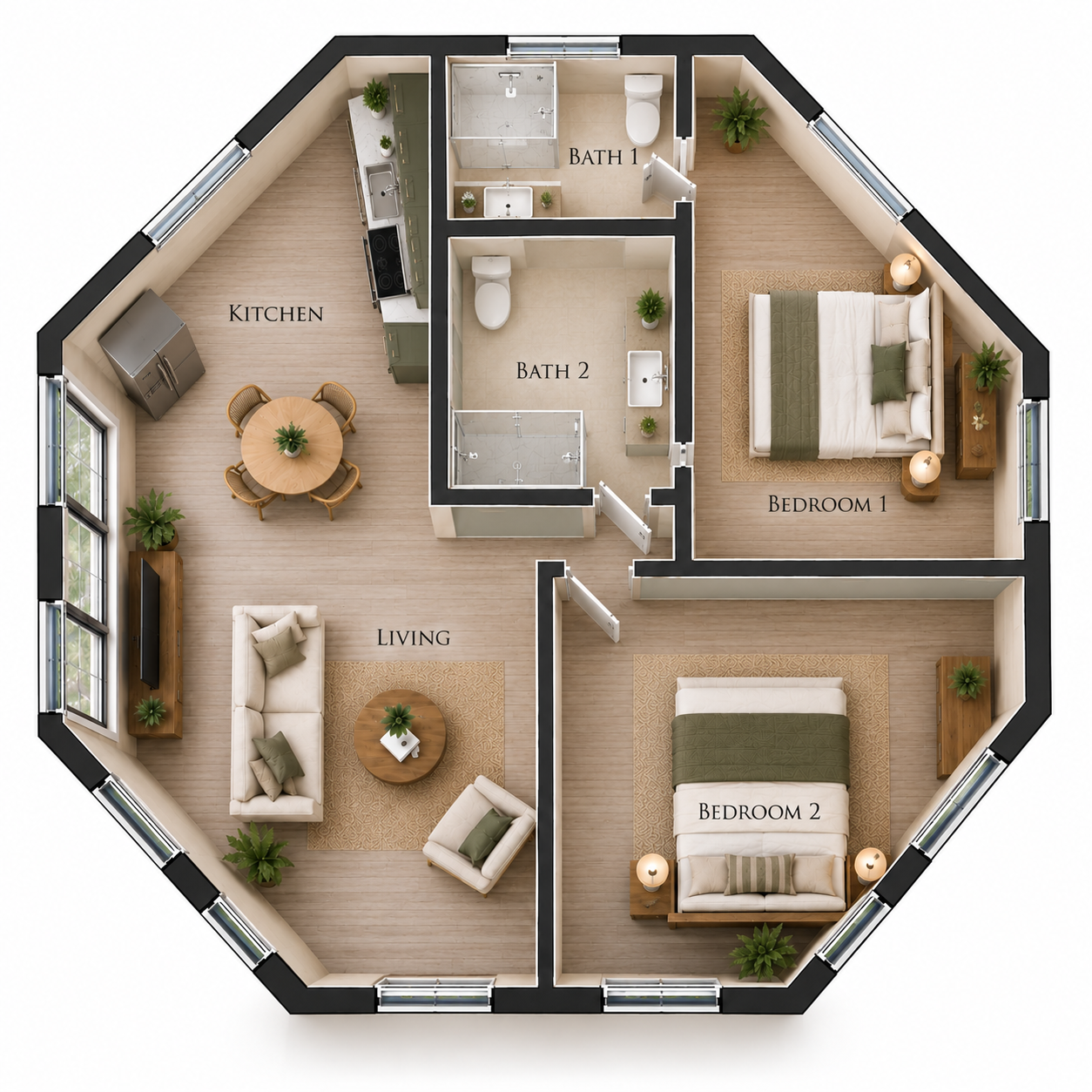 Illustrative Lake Lofts two-bedroom, two-bathroom floor plan showing an open living area and kitchen